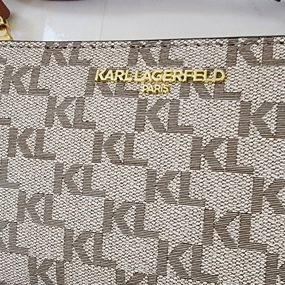 Karl Lagerfeld Monogram Brown Leather Wristlet Taupe Women's Crossbody - Picture 6 of 13